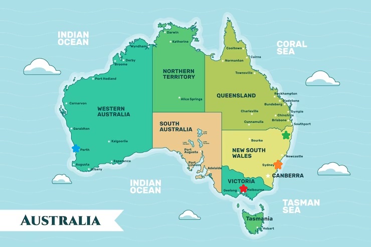 Map of Australia with highlighted casino destinations